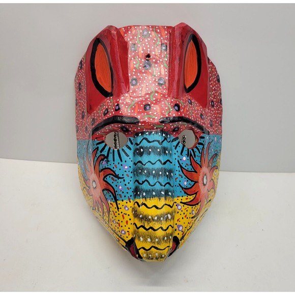 Handmade Carved Wood Cat Mask Jaguar Leopard Guatemala Mexico Folk Art Vintage - Picture 6 of 16